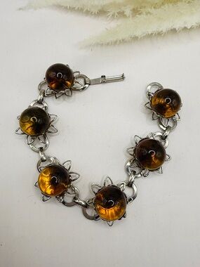 Silver Bracelet with Amber Glass Orbs - Women's Jewelry